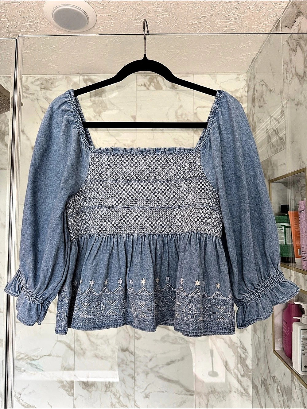 American Eagle Smocked Embroidered Denim Peplum Top Blue Medium